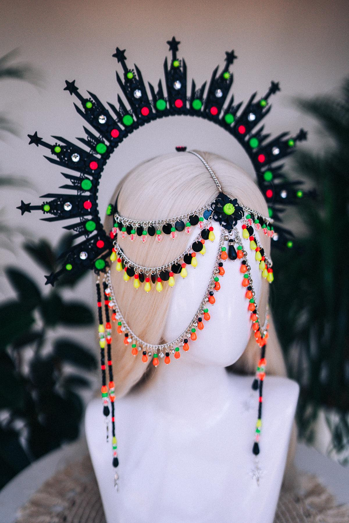 Neon UV Halo Crown, Burning Man Headpiece, Glow In The Dark Festival Headdress, Rave Costume, LED Style, Blacklight Goddess