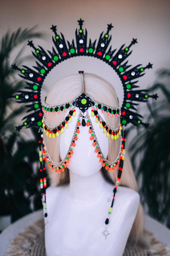 Neon UV Halo Crown, Burning Man Headpiece, Glow In The Dark Festival Headdress, Rave Costume, LED Style, Blacklight Goddess