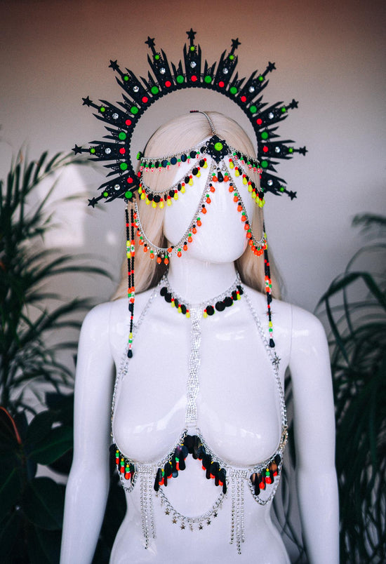 Neon UV Halo Crown, Burning Man Headpiece, Glow In The Dark Festival Headdress, Rave Costume, LED Style, Blacklight Goddess