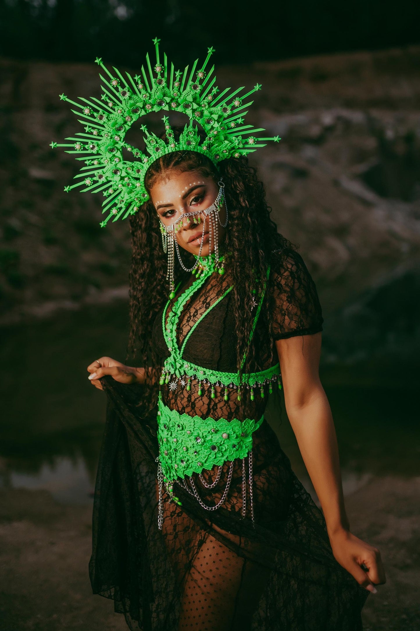 Neon Green Crown, Burning Man Headpiece, Rave Halo, UV Reactive Festival Tiara, Celestial Costume Accessory, Futuristic Queen Crown