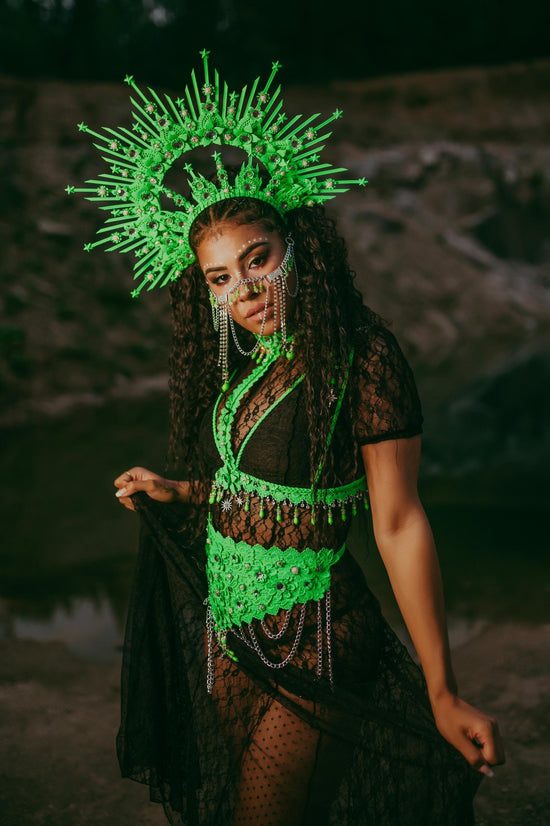 Neon Green Crown, Burning Man Headpiece, Rave Halo, UV Reactive Festival Tiara, Celestial Costume Accessory, Futuristic Queen Crown