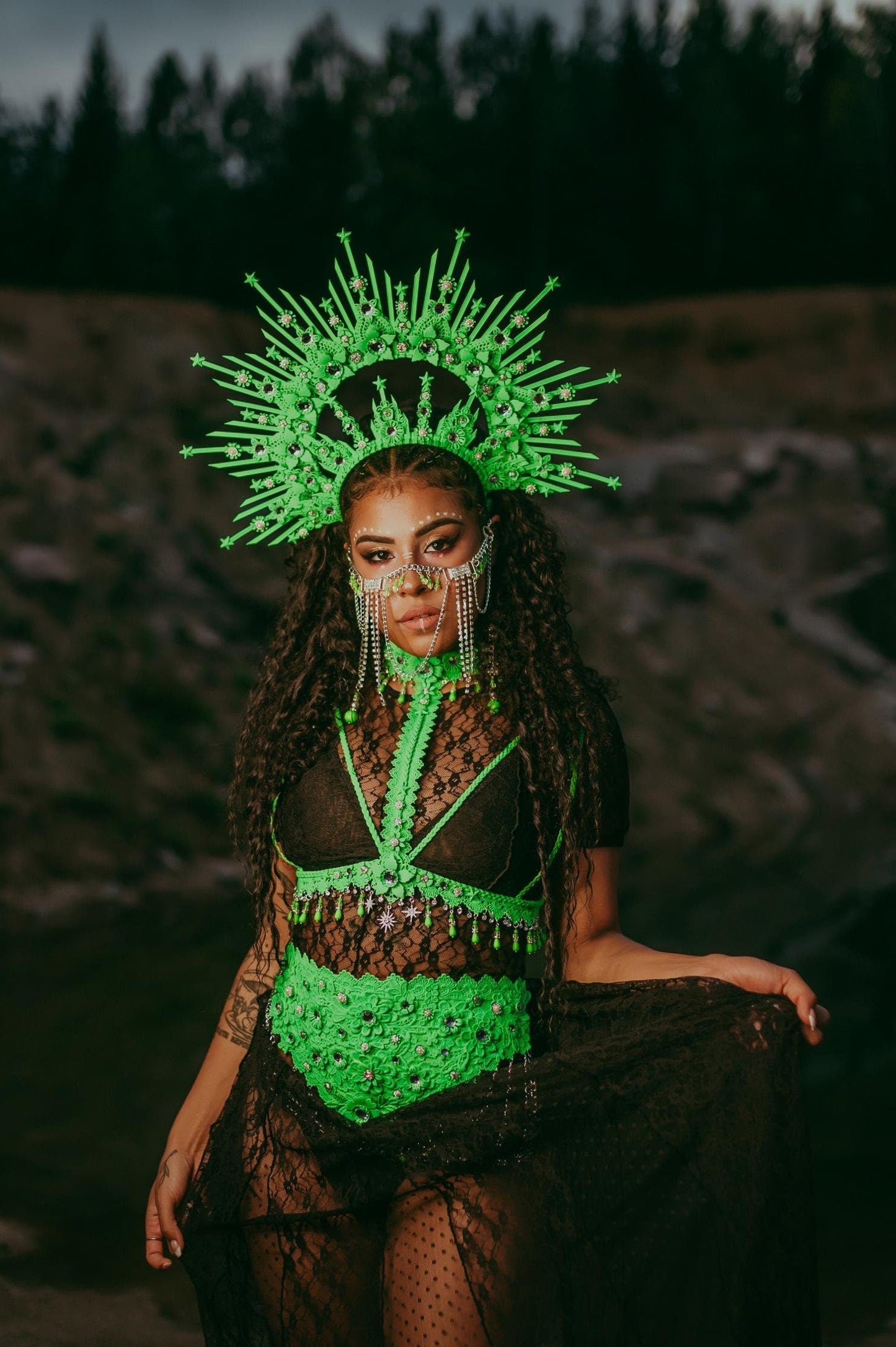 Neon UV active green halo crown festival season