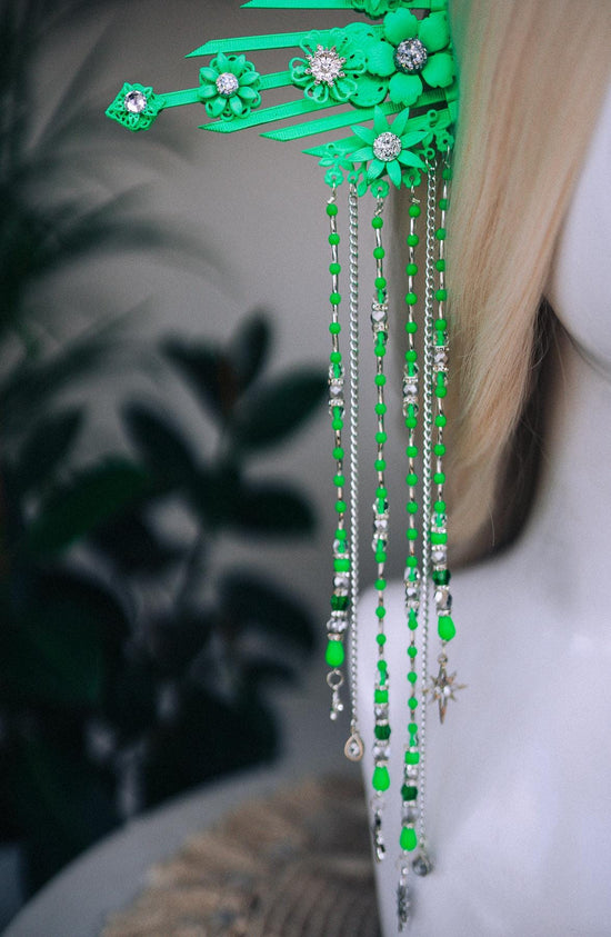 Neon Green Goddess Crown, Harness, Finger Claws, Burning Man, Festival Headpiece, UV Active, Rave, Glow In Dark, Showgirl Costume