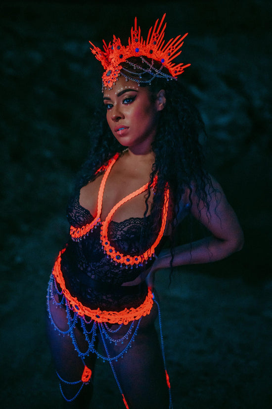 Neon Burning Crown, Orange UV Headpiece, Festival Queen Tiara, Rave Costume Crown, Glow In Dark Headpiece, Halloween Costume Tiara