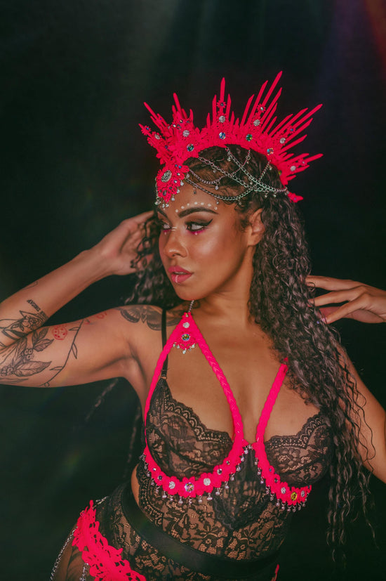 Neon Pink Harness, UV Active Festival Outfit, Pink Body Harness, Handmade Rave Costume, Adjustable Strappy Belt, Festival Wear