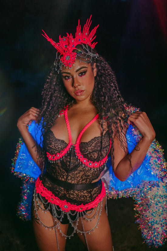 Neon Pink Harness, UV Active Festival Outfit, Pink Body Harness, Handmade Rave Costume, Adjustable Strappy Belt, Festival Wear