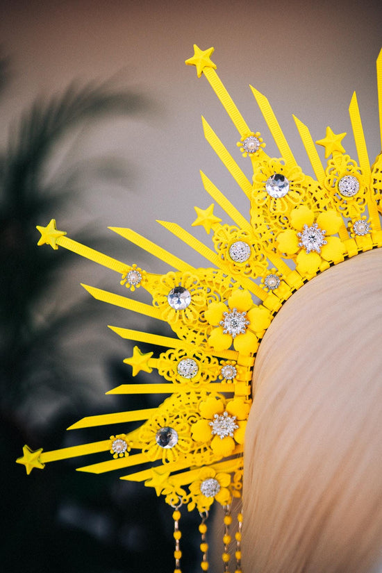 Neon Sunburst Crown, UV Yellow Festival Headpiece, Burning Man Halo Crown, Rave Starburst Headdress, Celestial Statement Tiara
