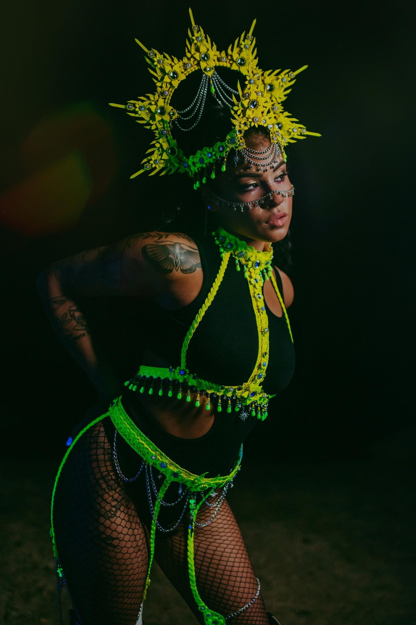 Neon Crown, Burning Man Outfit, UV Festival Costume, Goddess Harness Set, Rave Bra, Cyber Look, Yellow Headpiece, Statement Jewelry