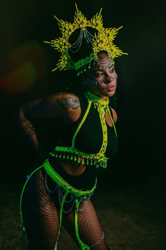 Neon Crown, Burning Man Outfit, UV Festival Costume, Goddess Harness Set, Rave Bra, Cyber Look, Yellow Headpiece, Statement Jewelry