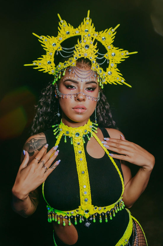 Neon Crown, Burning Man Outfit, UV Festival Costume, Goddess Harness Set, Rave Bra, Cyber Look, Yellow Headpiece, Statement Jewelry