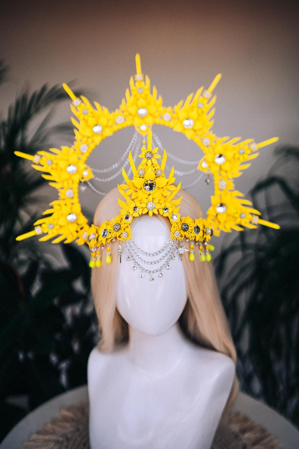 Neon Crown, Burning Man Outfit, UV Festival Costume, Goddess Harness Set, Rave Bra, Cyber Look, Yellow Headpiece, Statement Jewelry