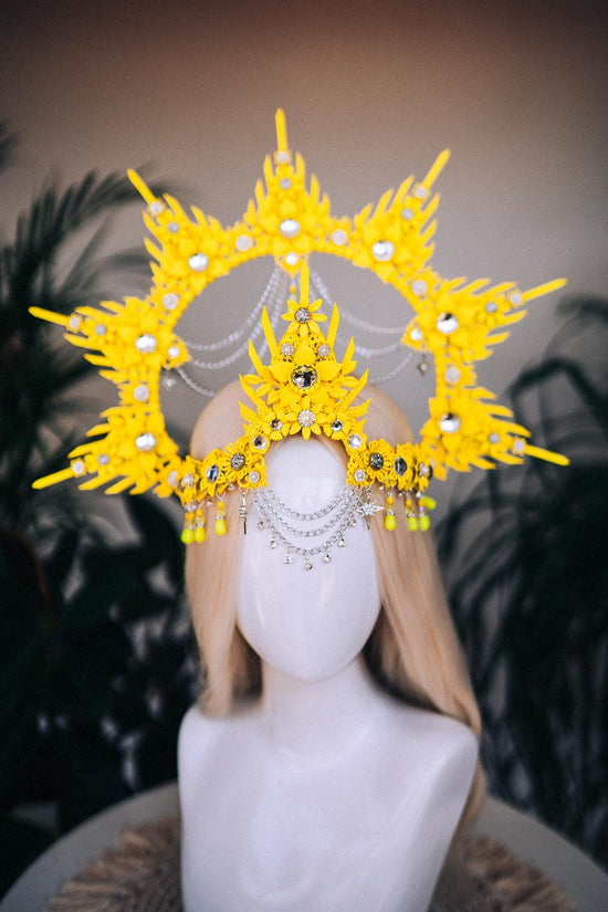 Neon Crown, Burning Man Outfit, UV Festival Costume, Goddess Harness Set, Rave Bra, Cyber Look, Yellow Headpiece, Statement Jewelry