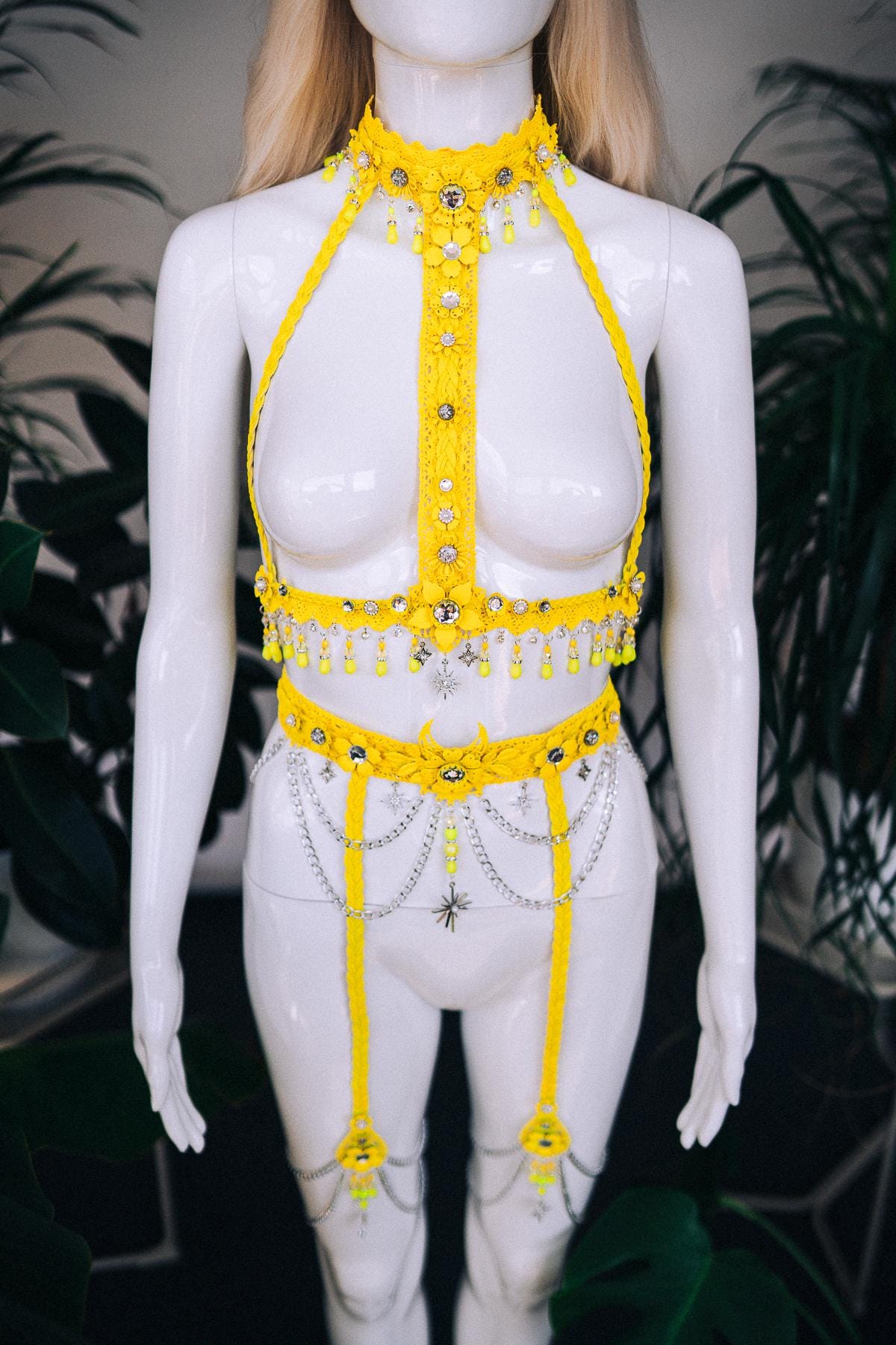 Festival Belt, Burning Man Belt, Yellow Belt, UV Harness Belt, Rave Belt, Cage Belt, Statement Belt, Body Jewelry, Neon Costume