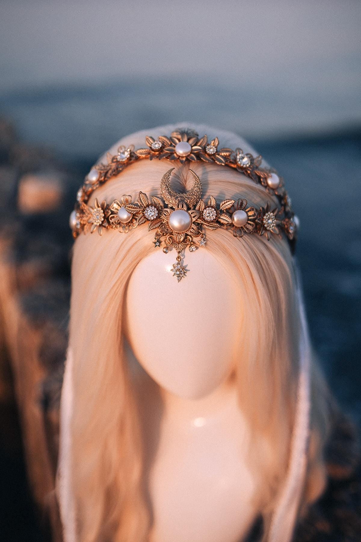 Celestial Moon Crown, Wedding Tiara, Goddess Headpiece, Gold Bridal Crown, Pearl Flower Tiara, Boho Bride Accessory, Handmade Halo Crown