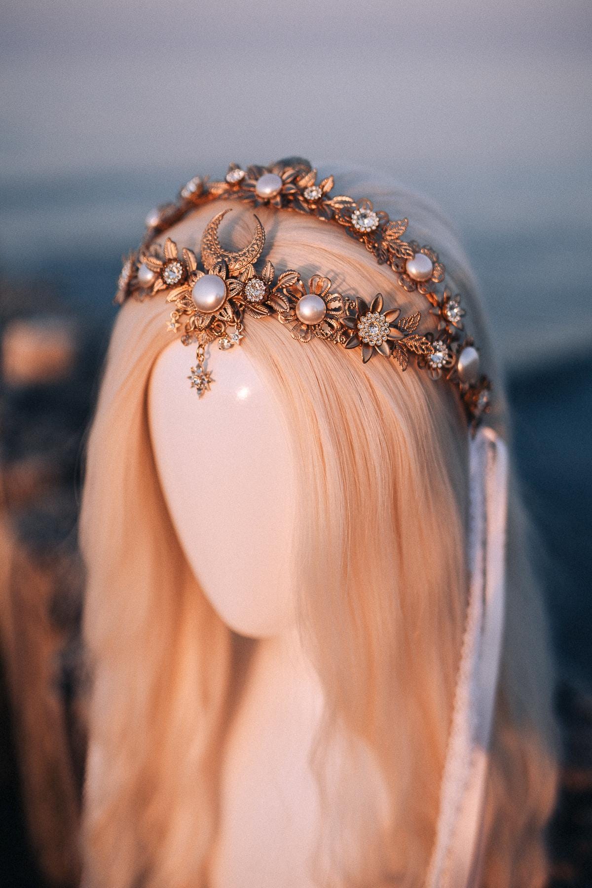Celestial Moon Crown, Wedding Tiara, Goddess Headpiece, Gold Bridal Crown, Pearl Flower Tiara, Boho Bride Accessory, Handmade Halo Crown