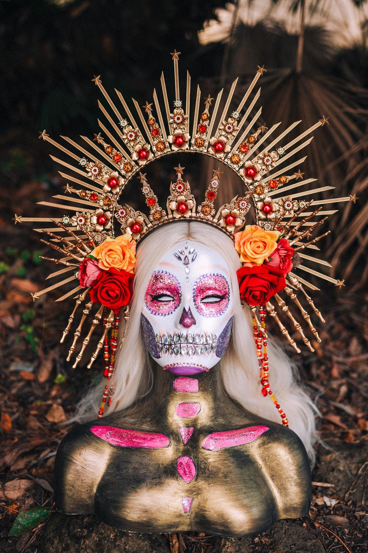 La Catrina Halo Crown, Gold Headdress, Day of the Dead, Skull Tiara, Mexican Headpiece, Floral Crown, Dia de los Muertos, Gothic Costume