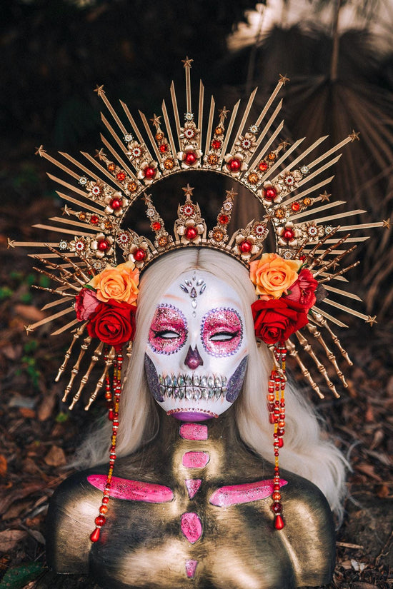 La Catrina Halo Crown, Gold Headdress, Day of the Dead, Skull Tiara, Mexican Headpiece, Floral Crown, Dia de los Muertos, Gothic Costume
