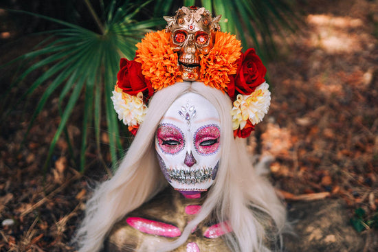 SALE Golden Skull Crown, Dia de los Muertos, La Catrina Headdress, Marigold Flower, Mexican Headpiece, Halloween Costume, Gothic Tiara