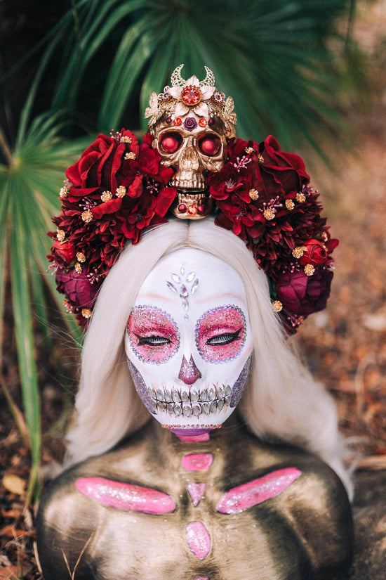 La Catrina Crown, Burgundy Skull Tiara, Day of the Dead Headdress, Floral Sugar Skull Headpiece, Halloween Costume, Dia de los Muertos