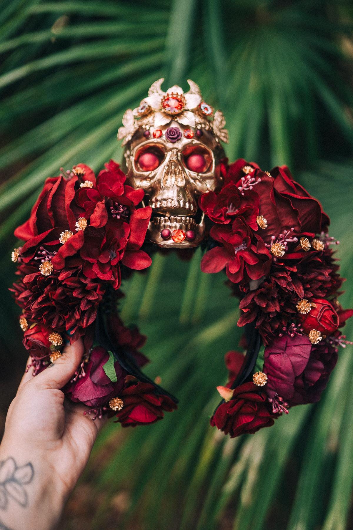 La Catrina Crown, Burgundy Skull Tiara, Day of the Dead Headdress, Floral Sugar Skull Headpiece, Halloween Costume, Dia de los Muertos