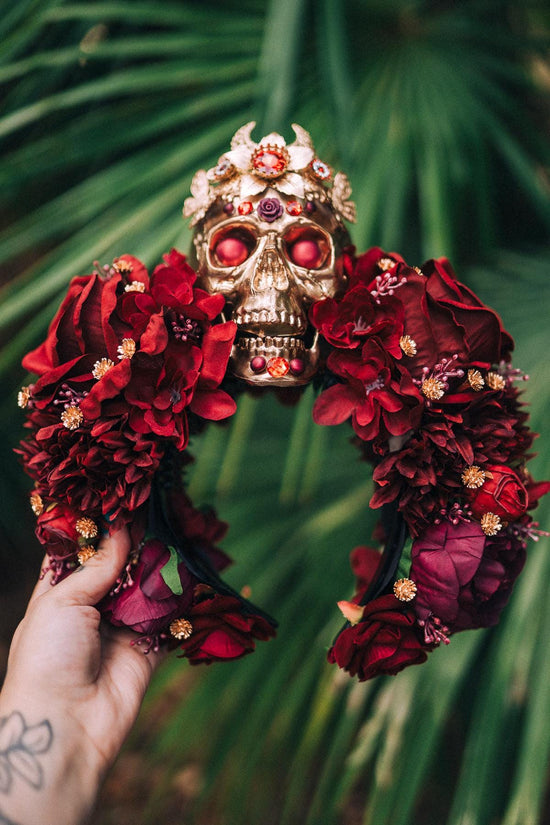 La Catrina Crown, Burgundy Skull Tiara, Day of the Dead Headdress, Floral Sugar Skull Headpiece, Halloween Costume, Dia de los Muertos