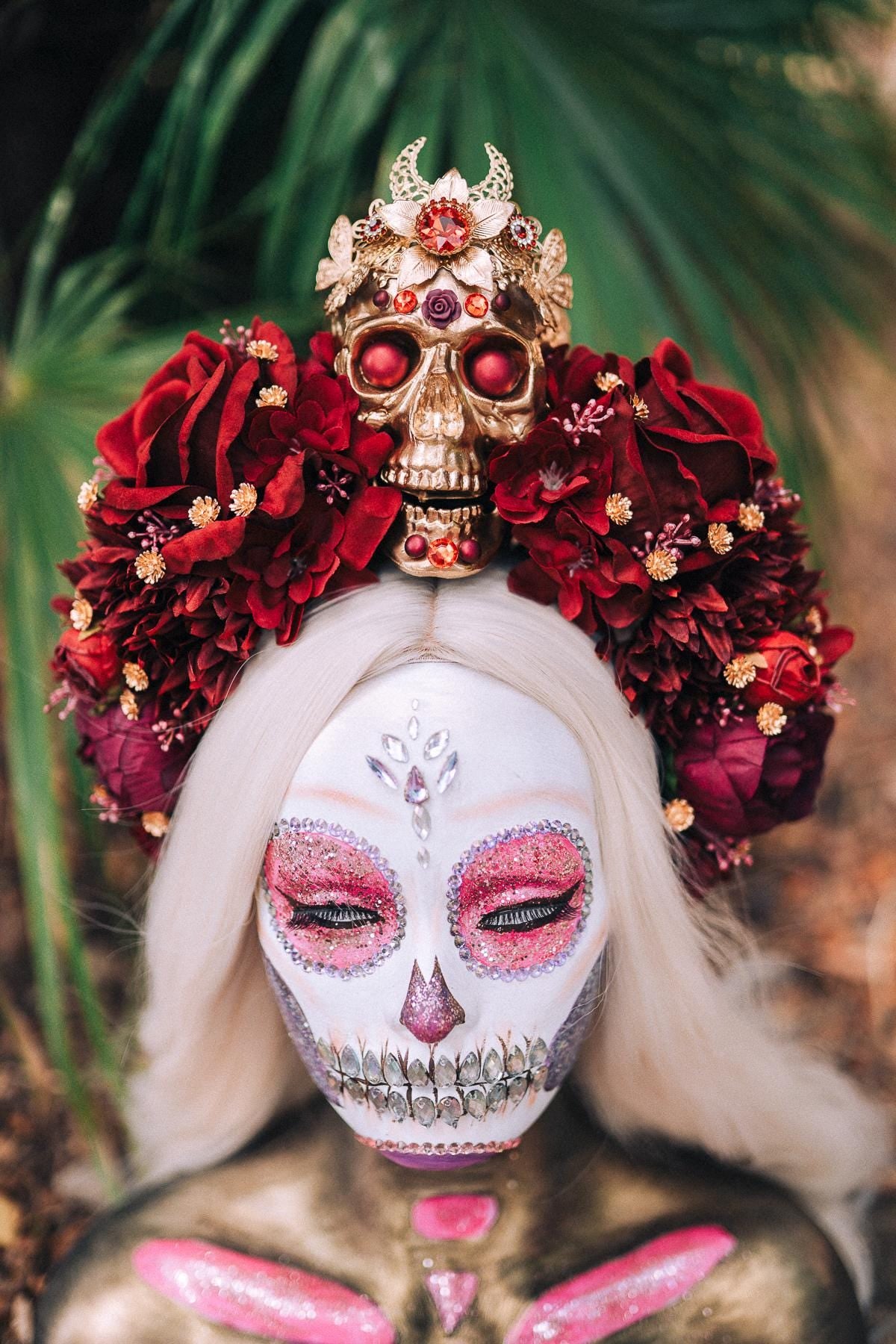 La Catrina Crown, Burgundy Skull Tiara, Day of the Dead Headdress, Floral Sugar Skull Headpiece, Halloween Costume, Dia de los Muertos