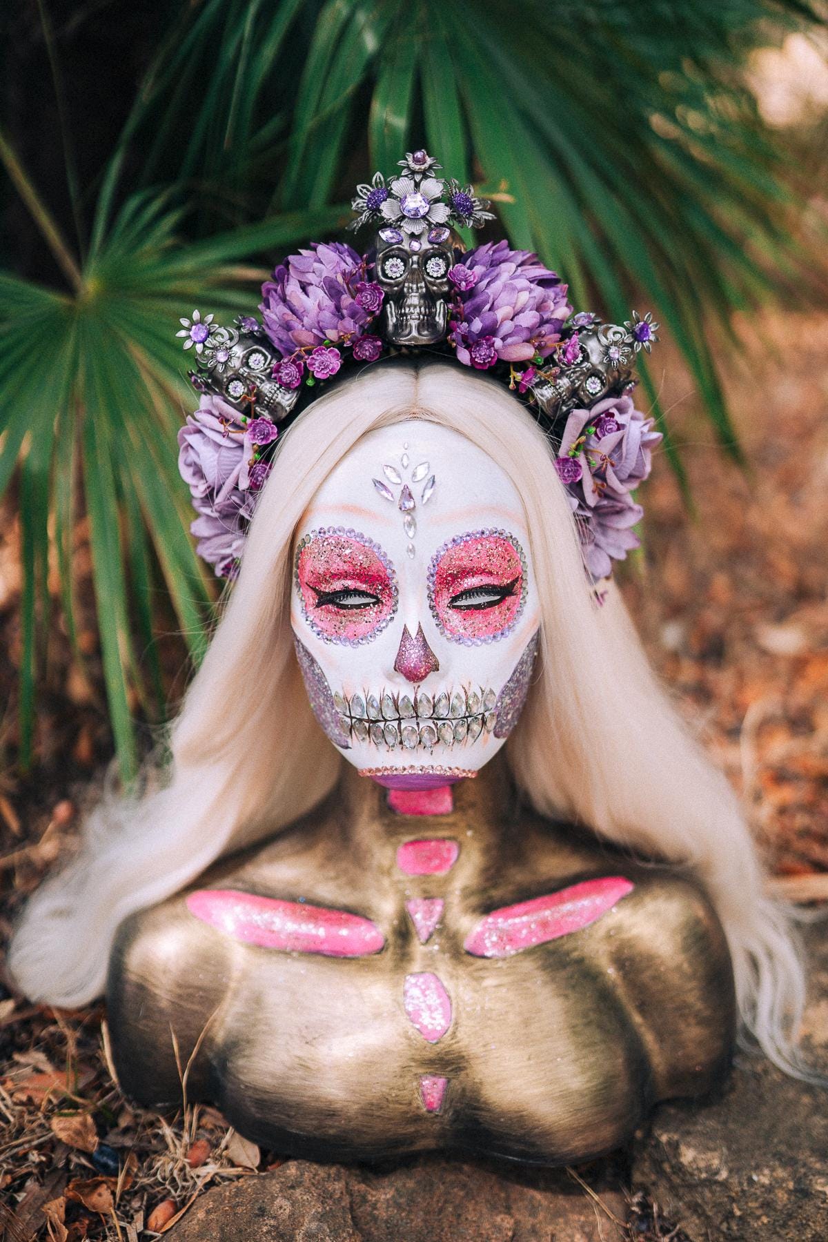 La Catrina Crown, Purple Skull Headpiece, Dia De Los Muertos, Flower Crown, Halloween Costume, Gothic Headdress, Festival Crown, Sugar Skull