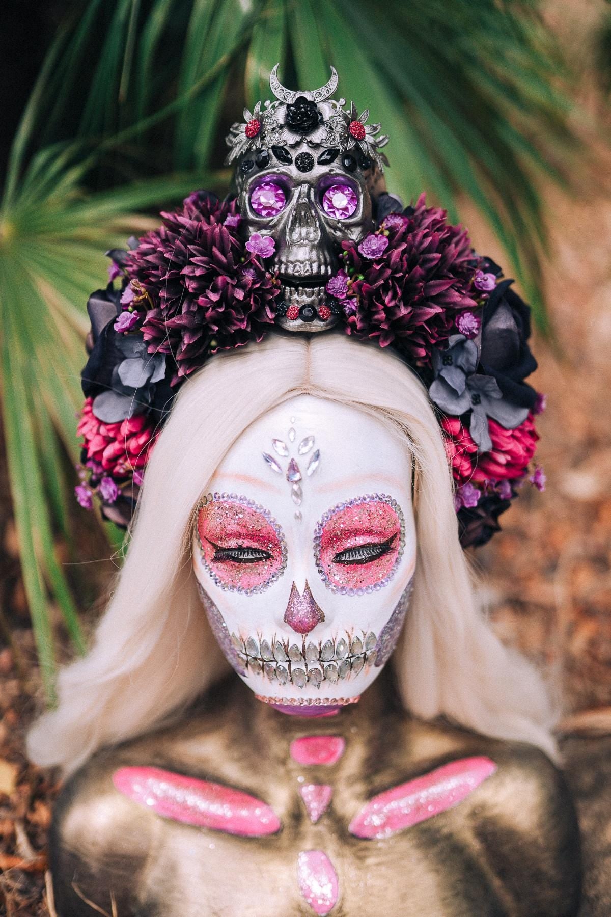 Mystic Skull Crown, La Catrina Headpiece, Purple Gothic Tiara, Day of the Dead Halo, Halloween Flower Crown, Sugar Skull Headdress, Festival