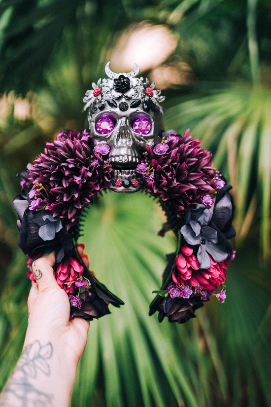Mystic Skull Crown, La Catrina Headpiece, Purple Gothic Tiara, Day of the Dead Halo, Halloween Flower Crown, Sugar Skull Headdress, Festival