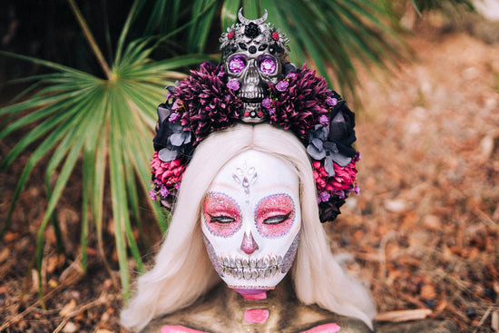 Mystic Skull Crown, La Catrina Headpiece, Purple Gothic Tiara, Day of the Dead Halo, Halloween Flower Crown, Sugar Skull Headdress, Festival
