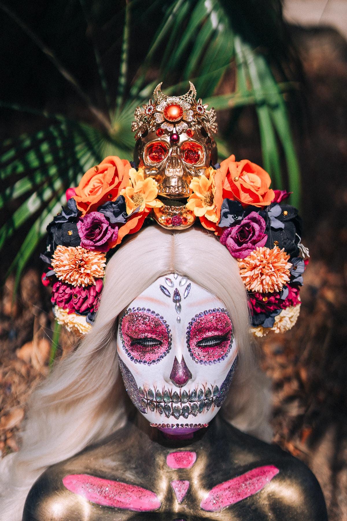 SALE La Catrina Crown, Day of the Dead, Sugar Skull, Orange Roses, Marigold Flowers, Gothic Tiara, Halloween Headpiece, Festival Headdress