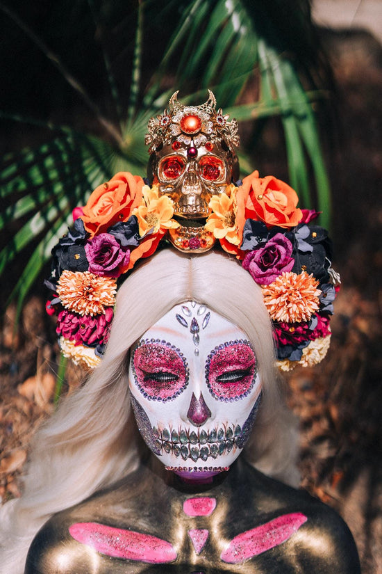SALE La Catrina Crown, Day of the Dead, Sugar Skull, Orange Roses, Marigold Flowers, Gothic Tiara, Halloween Headpiece, Festival Headdress