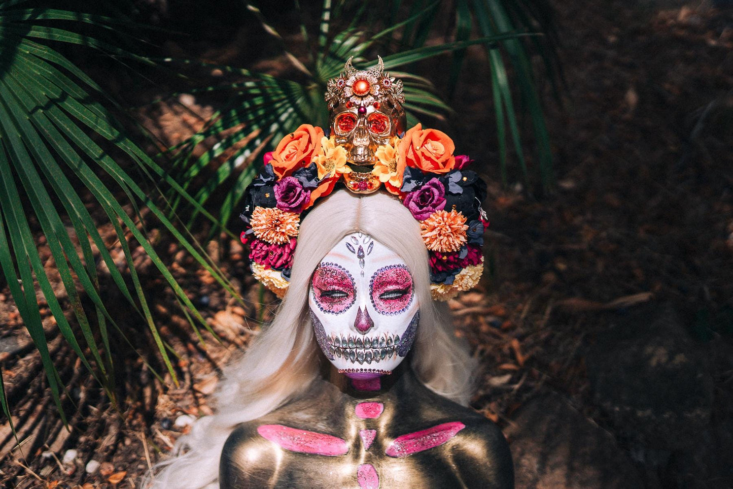 SALE La Catrina Crown, Day of the Dead, Sugar Skull, Orange Roses, Marigold Flowers, Gothic Tiara, Halloween Headpiece, Festival Headdress