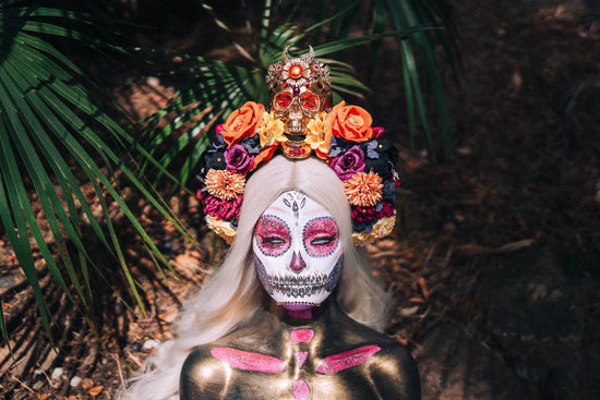 SALE La Catrina Crown, Day of the Dead, Sugar Skull, Orange Roses, Marigold Flowers, Gothic Tiara, Halloween Headpiece, Festival Headdress