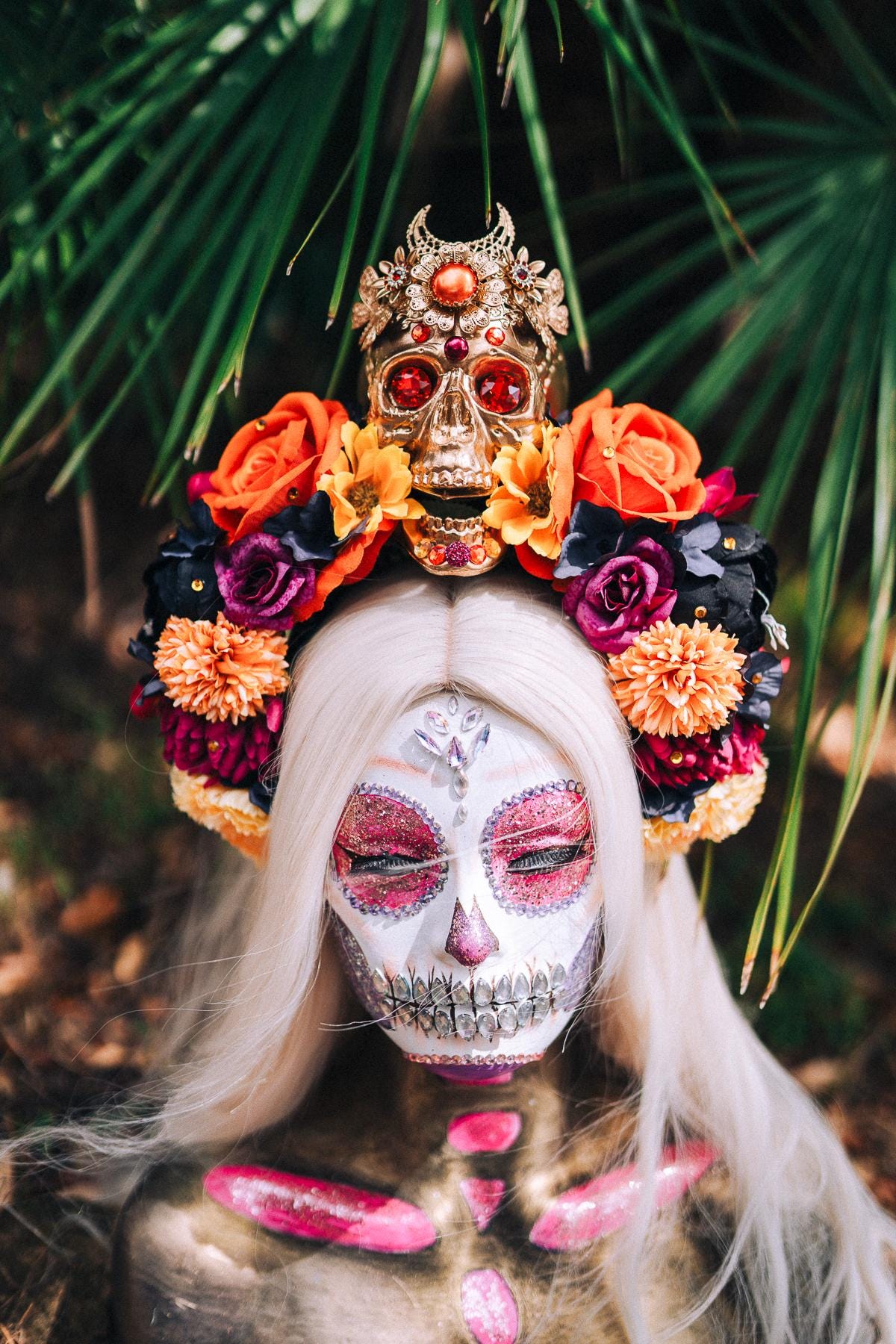 SALE La Catrina Crown, Day of the Dead, Sugar Skull, Orange Roses, Marigold Flowers, Gothic Tiara, Halloween Headpiece, Festival Headdress