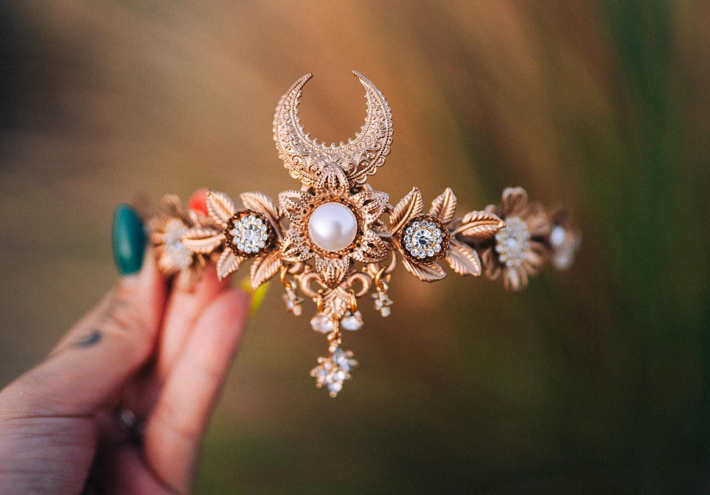 Moon Goddess Tiara, Gold Crescent Moon Headpiece with Pearls Crystals, Elegant Bridal Crown for Weddings Festivals Special Occasions