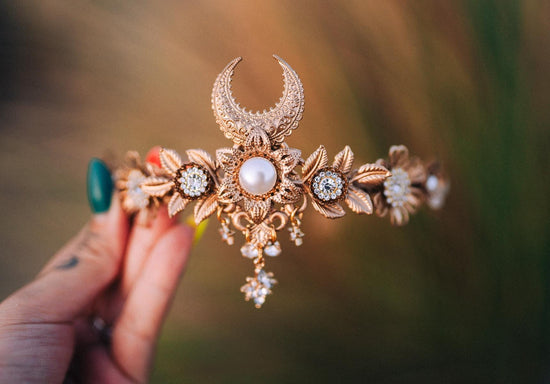 Moon Goddess Tiara, Gold Crescent Moon Headpiece with Pearls Crystals, Elegant Bridal Crown for Weddings Festivals Special Occasions