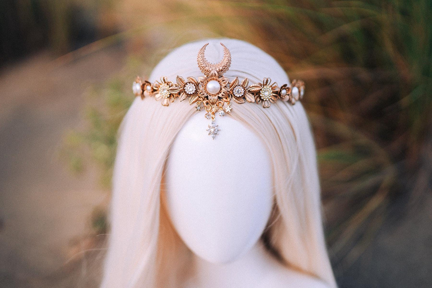 Moon Goddess Tiara, Gold Crescent Moon Headpiece with Pearls Crystals, Elegant Bridal Crown for Weddings Festivals Special Occasions