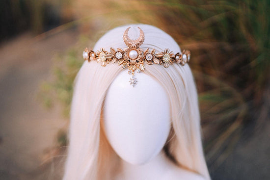 Moon Goddess Tiara, Gold Crescent Moon Headpiece with Pearls Crystals, Elegant Bridal Crown for Weddings Festivals Special Occasions