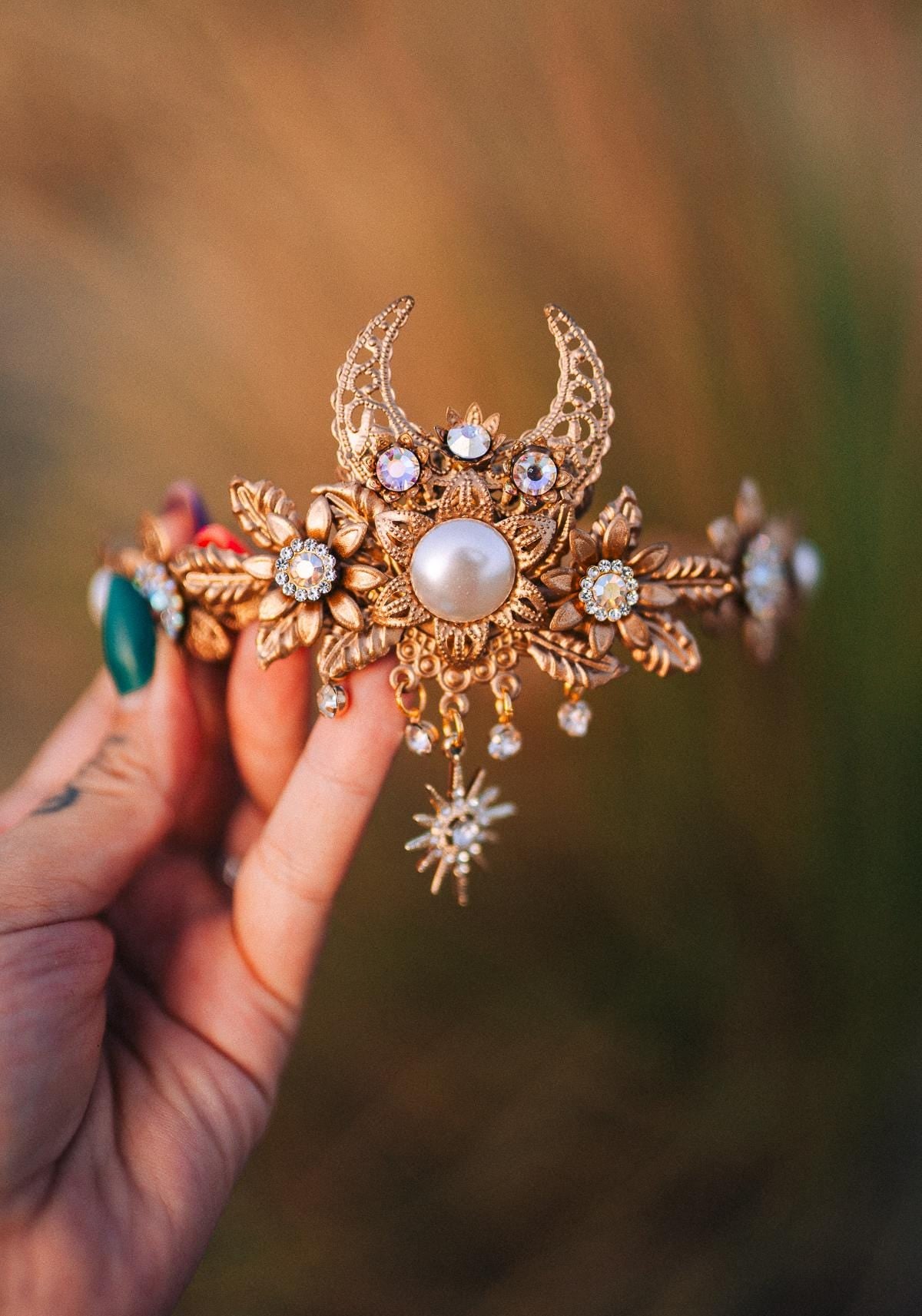Boho Wedding Tiara, Gold Bridal Headpiece, Pearl Crown, Celestial Tiara, Goddess Headband, Moon Star Halo, Fairytale Crown, Handmade
