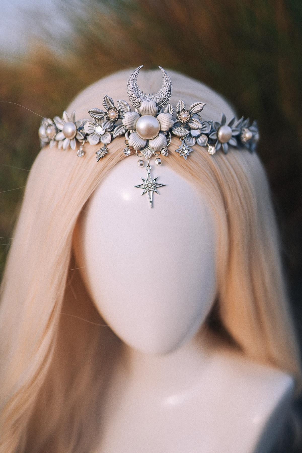 Celestial Tiara, Silver Moon Tiara, Wedding Tiara, Fantasy Crown, Moon Headpiece, Goddess Tiara, Boho Bride, Star Hair Crown, Pearl Tiara