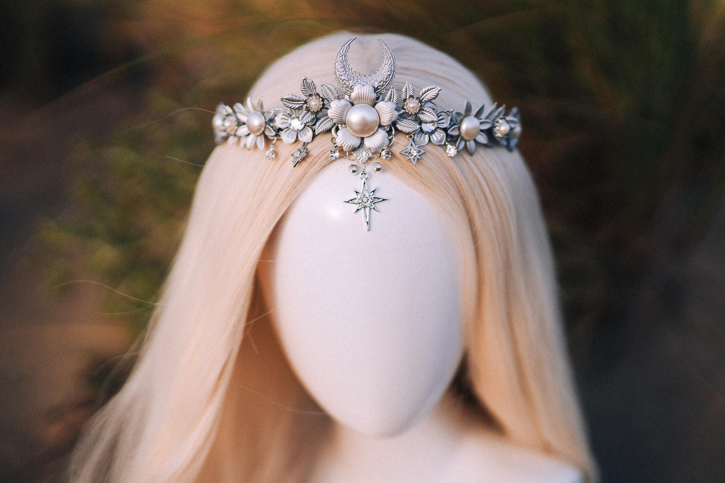 Celestial Tiara, Silver Moon Tiara, Wedding Tiara, Fantasy Crown, Moon Headpiece, Goddess Tiara, Boho Bride, Star Hair Crown, Pearl Tiara