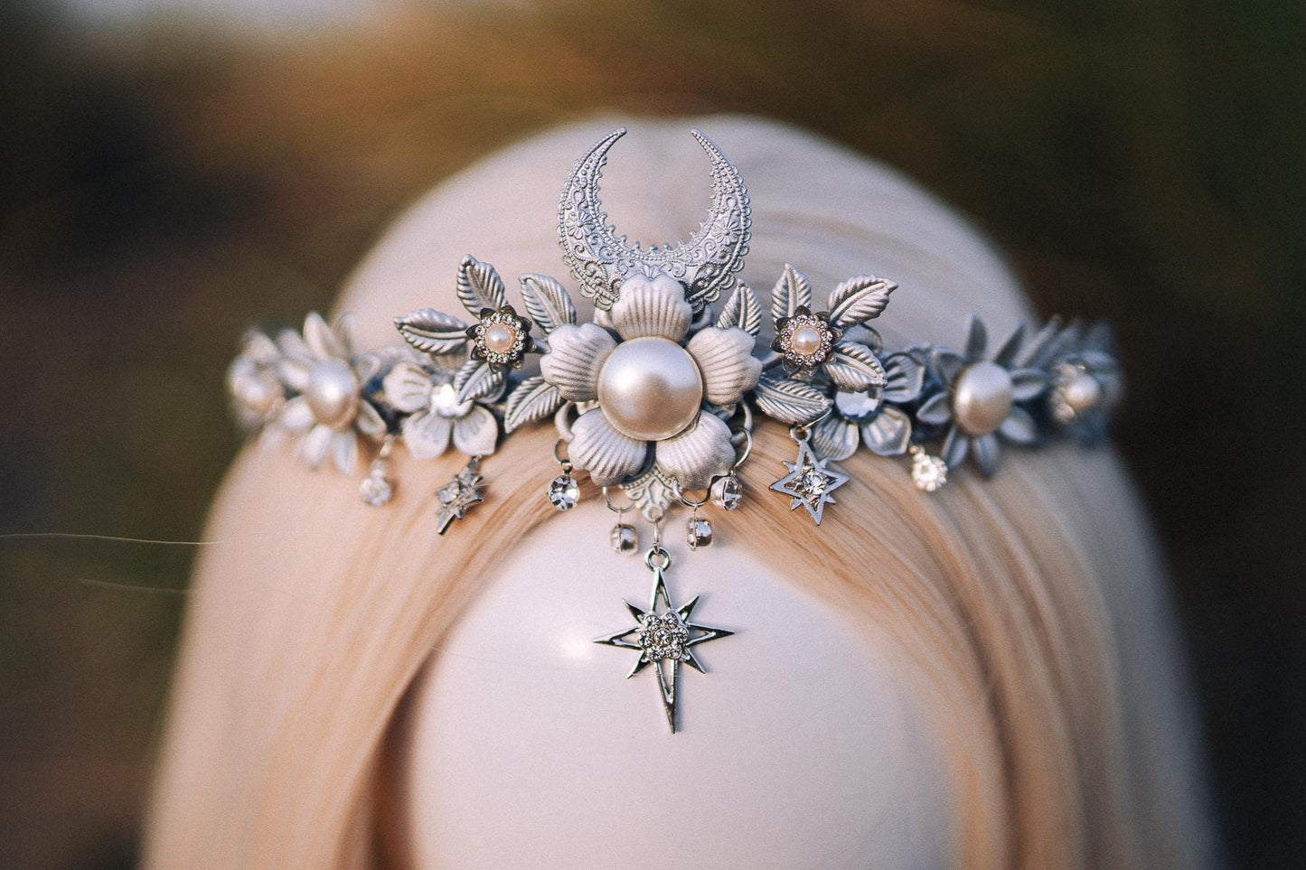 Celestial Tiara, Silver Moon Tiara, Wedding Tiara, Fantasy Crown, Moon Headpiece, Goddess Tiara, Boho Bride, Star Hair Crown, Pearl Tiara