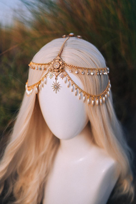 Golden Pearl Headpiece Elven Bridal Crown Celestial Goddess  display picture 1