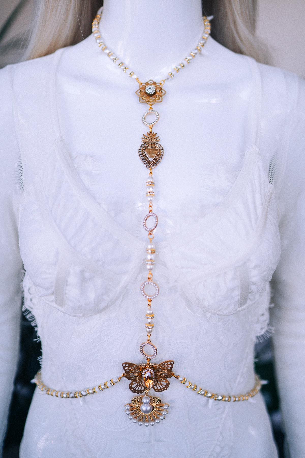 La Catrina Gold Harness Necklace, Sugar Skull Jewelry, Día De Los Muertos Statement, Mexican Wedding Accessory, Festival Body Jewelry