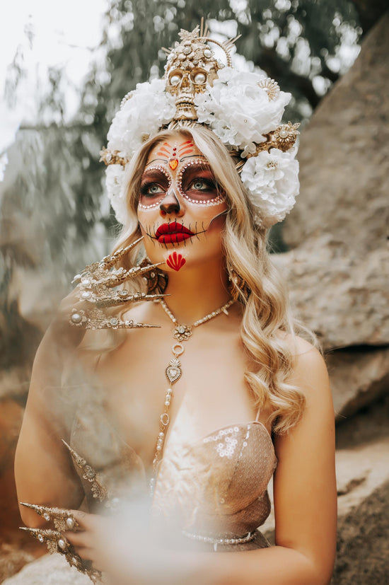 La Catrina Gold Harness Necklace, Sugar Skull Jewelry, Día De Los Muertos Statement, Mexican Wedding Accessory, Festival Body Jewelry