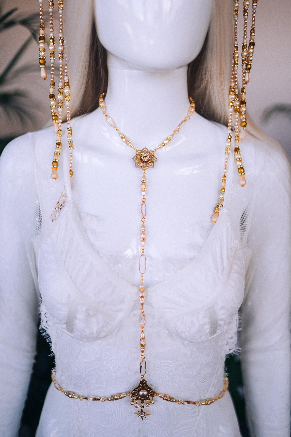 La Catrina Pearl Harness Necklace, Dia De Los Muertos, Gold Jewelry, Elegant Bridal, Mexican Wedding, Sugar Skull, Statement Necklace