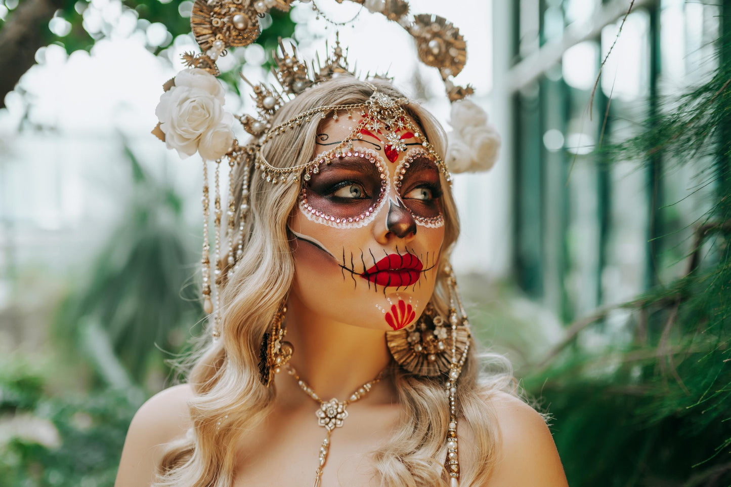 La Catrina Pearl Harness Necklace, Dia De Los Muertos, Gold Jewelry, Elegant Bridal, Mexican Wedding, Sugar Skull, Statement Necklace