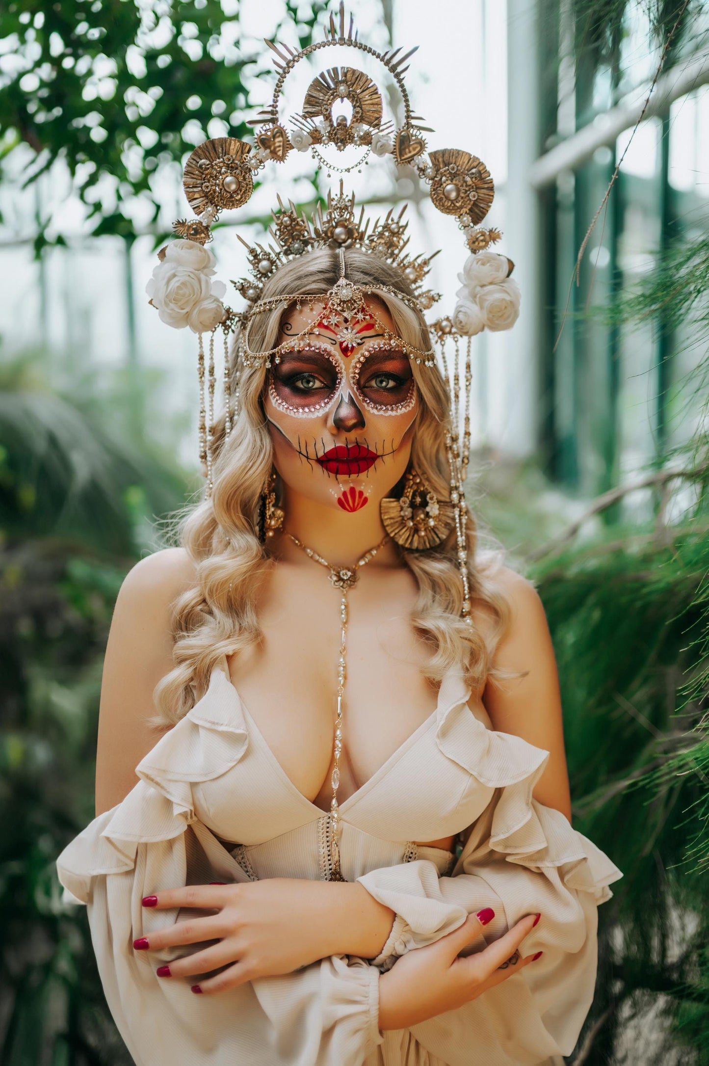 La Catrina Pearl Harness Necklace, Dia De Los Muertos, Gold Jewelry, Elegant Bridal, Mexican Wedding, Sugar Skull, Statement Necklace