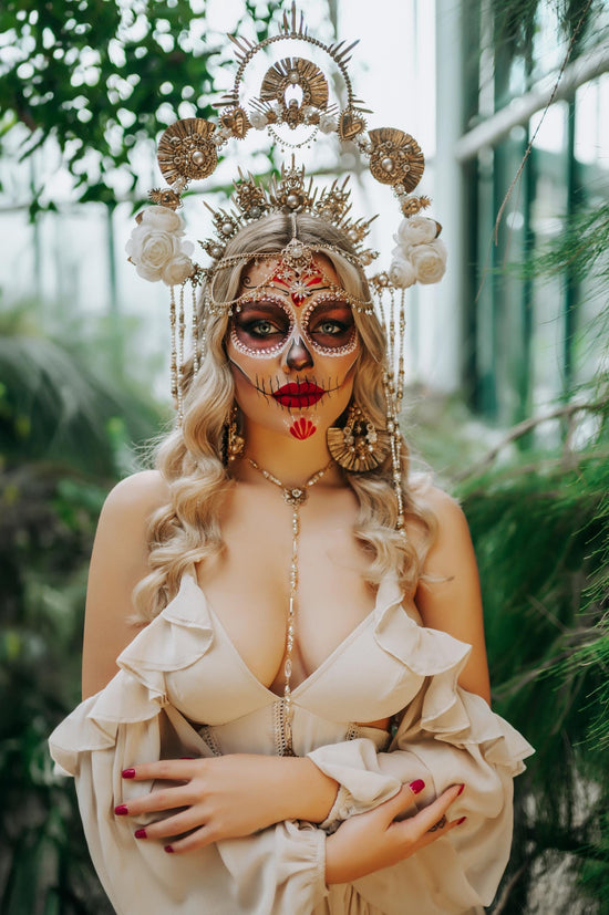 La Catrina Pearl Harness Necklace, Dia De Los Muertos, Gold Jewelry, Elegant Bridal, Mexican Wedding, Sugar Skull, Statement Necklace